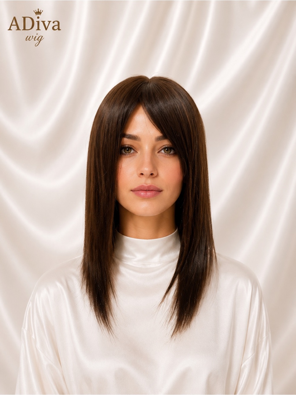 18” ADiva Wig Silk Top Kosher Sheitel Wig With Bangs Brown 100% Human Hair